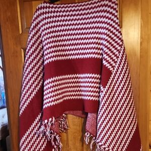 SHEIN Red and White Chevron Knit Poncho Sweater